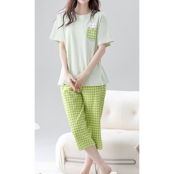 New Cotton Women Capri Pajama Set 2 Pcs Short Sleeve Top Capris pants Sleepwear - Picture 6 of 10